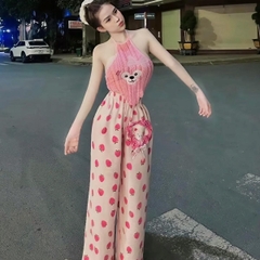 Sét áo lông cổ yếm in gấu quần ống rộng họa tiết dâu cho nữ - Women Top set botieuthu Nhung Ong đồ Kem