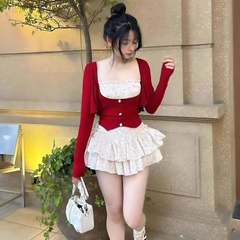 Sét bộ nữ 3 món váy hoa nhí áo thun 2 dây phối kèm áo khoác thun tăm - Phong cách nữ tính và trẻ trung