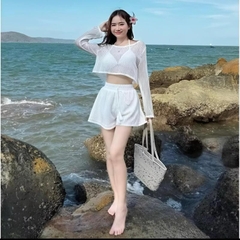 Bộ đồ nữ 3 món áo croptop tay dài quần short 2 lớp kèm áo bra