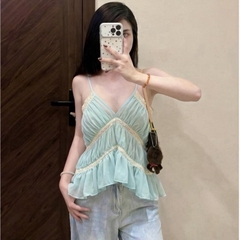 [Áo Lẻ] HUM FASHION Áo Tank Top Nữ Thiết Kế  xếp tầng phối ren bèo nhún dáng đuôi tôm Phong Cách Thời Trang Hiện Đại