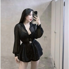 Áo sơ mi voan đá sáng rộng kèm dây đai Nữ Women Voi Top Kem