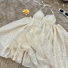 Đầm Dáng Ngắn Chấm Bi Phong Cách Hàn Quốc cho Nữ Thiết Kế Đơn Giản Phù Hợp cho Mọi Dịp Màu Kem