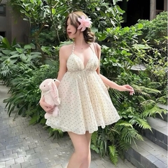 Đầm Dáng Ngắn Chấm Bi Phong Cách Hàn Quốc cho Nữ Thiết Kế Đơn Giản Phù Hợp cho Mọi Dịp Màu Kem