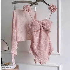 Sét bikini ren hoa jumpsuit đính hoa kèm khăn choàng thiết kế độc đáo phong cách thời trang nổi bật lý tưởng cho biển hồ bơi