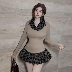 Sét đồ nữ thu đông phong cách học đường quần caro dáng bí phối áo thun borip