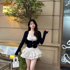 Sét bộ nữ 3 món váy hoa nhí áo thun 2 dây phối kèm áo khoác thun tăm - Phong cách nữ tính và trẻ trung