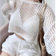 Bộ đồ nữ 3 món áo croptop tay dài quần short 2 lớp kèm áo bra