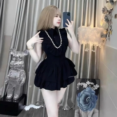 Sét quần đùi bí áo bèo đính dây đá thân sau áo có chun co giản cho nữ - Women Top Thun Nhung Voi set đồ