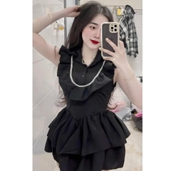 Sét quần đùi bí áo bèo đính dây đá thân sau áo có chun co giản cho nữ - Women Top Thun Nhung Voi set đồ