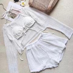 Bộ đồ nữ 3 món áo croptop tay dài quần short 2 lớp kèm áo bra