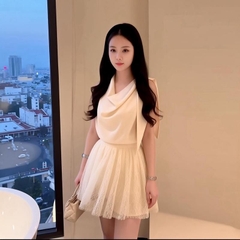 Sét đồ nữ tiểu thư áo lụa tô châu sát nách cổ đổ mix chân váy ren