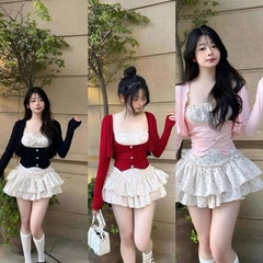 Sét bộ nữ 3 món váy hoa nhí áo thun 2 dây phối kèm áo khoác thun tăm - Phong cách nữ tính và trẻ trung
