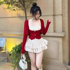 Sét bộ nữ 3 món váy hoa nhí áo thun 2 dây phối kèm áo khoác thun tăm - Phong cách nữ tính và trẻ trung