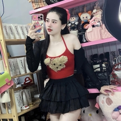 Sét đồ nữ 3 món váy tầng áo yếm thun đỏ đính gấu nổi xinh kèm áo khoác - Kem - Women Nhung Top Lịch