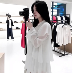 Áo Bèo Tơ Tầng Đính Hoa Tay Dài Cổ Đính Đá Hoa Hồng Phong Cách Sang Trọng Cho Nữ