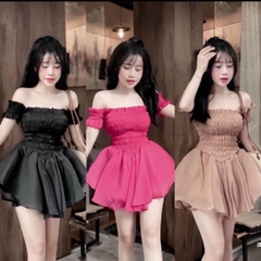 Sét áo nhún trễ vai thân áo mocking co giãn xinh xỉu kèm Quần Kem Tre Nữ Women set đồ