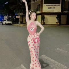 Sét áo lông cổ yếm in gấu quần ống rộng họa tiết dâu cho nữ - Women Top set botieuthu Nhung Ong đồ Kem