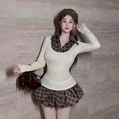 Sét đồ nữ thu đông phong cách học đường quần caro dáng bí phối áo thun borip
