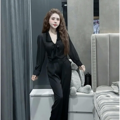 Sét đồ ngủ kiểu dáng tiểu thư đính nơ tay bo cho nữ - Women Top Nhung Áo Voi Quần