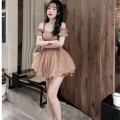 Sét áo nhún trễ vai thân áo mocking co giãn xinh xỉu kèm Quần Kem Tre Nữ Women set đồ