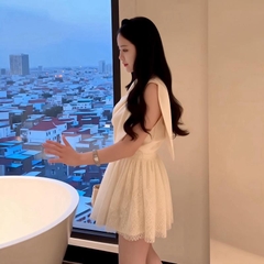 Sét đồ nữ tiểu thư áo lụa tô châu sát nách cổ đổ mix chân váy ren