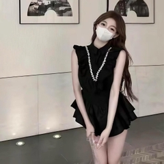 Sét quần đùi bí áo bèo đính dây đá thân sau áo có chun co giản cho nữ - Women Top Thun Nhung Voi set đồ