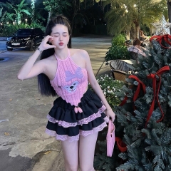 Bộ đồ nữ  tầng phối ren áo yếm lông in gấu - Women, Top Sen Nhung Hoa Sen Viền Ren chân váy lụa