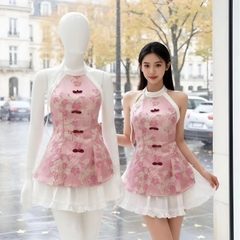 Sét đồ nữ mặc tết 2026_ áo dài cách tân cổ yếm chất gấm hoa mai mix chân váy bèo tầng có lót mút và khoá kéo trang trí nút tàu