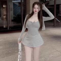 Sét đồ nữ 3 món chân váy sọc kẻ áo thun 2 dây kèm áo khoác chất liệu thun cotton co giãn có lót và mút thời trang cho nữ