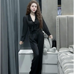Sét đồ ngủ kiểu dáng tiểu thư đính nơ tay bo cho nữ - Women Top Nhung Áo Voi Quần