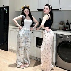 Sét Đồ Nữ Áo Thun Balo Quần Dài Ống Suông Chất Lụa Hoạ Tiết Xinh Phong Cách Thời Trang Hiện Đại