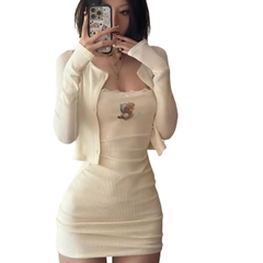 Sét bộ 2 món: đầm body và áo khoác in gấu xinh cho nữ - Kem Women Dress