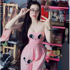Sét đồ nữ caro in đôi mắt quần dài suông áo ống - TOP NỮ