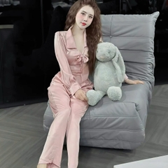 Sét đồ ngủ kiểu dáng tiểu thư đính nơ tay bo cho nữ - Women Top Nhung Áo Voi Quần