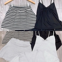 Sét đồ nữ 3 món chân váy sọc kẻ áo thun 2 dây kèm áo khoác chất liệu thun cotton co giãn có lót và mút thời trang cho nữ