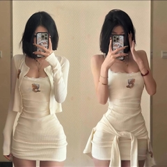 Sét bộ 2 món: đầm body và áo khoác in gấu xinh cho nữ - Kem Women Dress