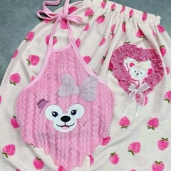 Sét áo lông cổ yếm in gấu quần ống rộng họa tiết dâu cho nữ - Women Top set botieuthu Nhung Ong đồ Kem