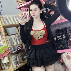 Sét đồ nữ 3 món váy tầng áo yếm thun đỏ đính gấu nổi xinh kèm áo khoác - Kem - Women Nhung Top Lịch