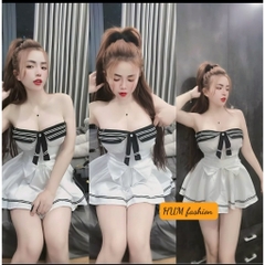 Sét bộ nữ tiểu thư chân váy phối viền áo cúp ngực có dây vai