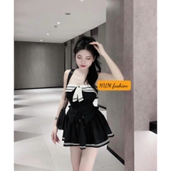Sét bộ nữ tiểu thư chân váy phối viền áo cúp ngực có dây vai