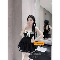 Sét bộ nữ tiểu thư chân váy phối viền áo cúp ngực có dây vai