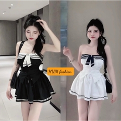 Sét bộ nữ tiểu thư chân váy phối viền áo cúp ngực có dây vai