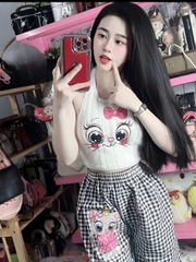Sét đồ nữ mèo caro ống suông quần dài yếm lông