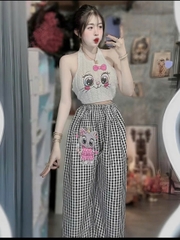 Sét đồ nữ mèo caro ống suông quần dài yếm lông