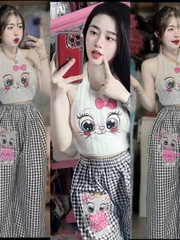 Sét đồ nữ mèo caro ống suông quần dài yếm lông