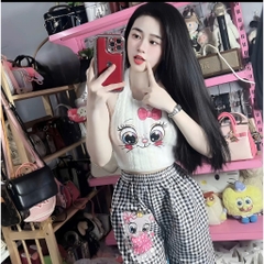 Sét đồ nữ mèo caro ống suông quần dài yếm lông
