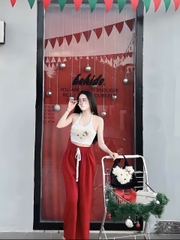 sét đồ nữ quần dài suông áo yếm trang trí gấu