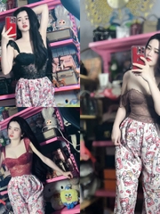 Sét đồ nữ quần suông họa tiết Mèo áo cúp ren 2 dây cánh tiên