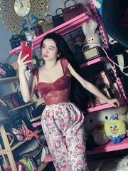Sét đồ nữ quần suông họa tiết Mèo áo cúp ren 2 dây cánh tiên