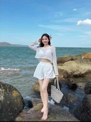 Bộ đồ nữ 3 món áo croptop tay dài quần short 2 lớp kèm áo bra